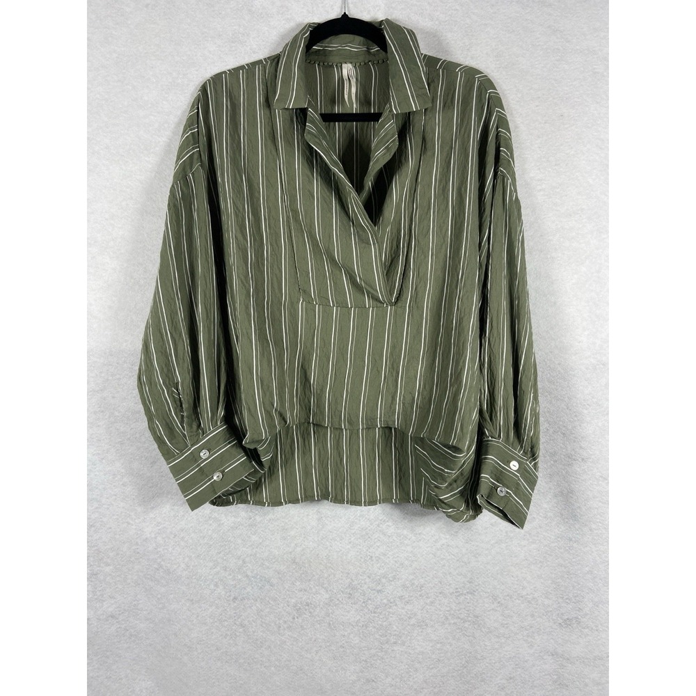Anthropologie The Dylon Top Womens Small Green Wide Placket Striped Long Sleeve